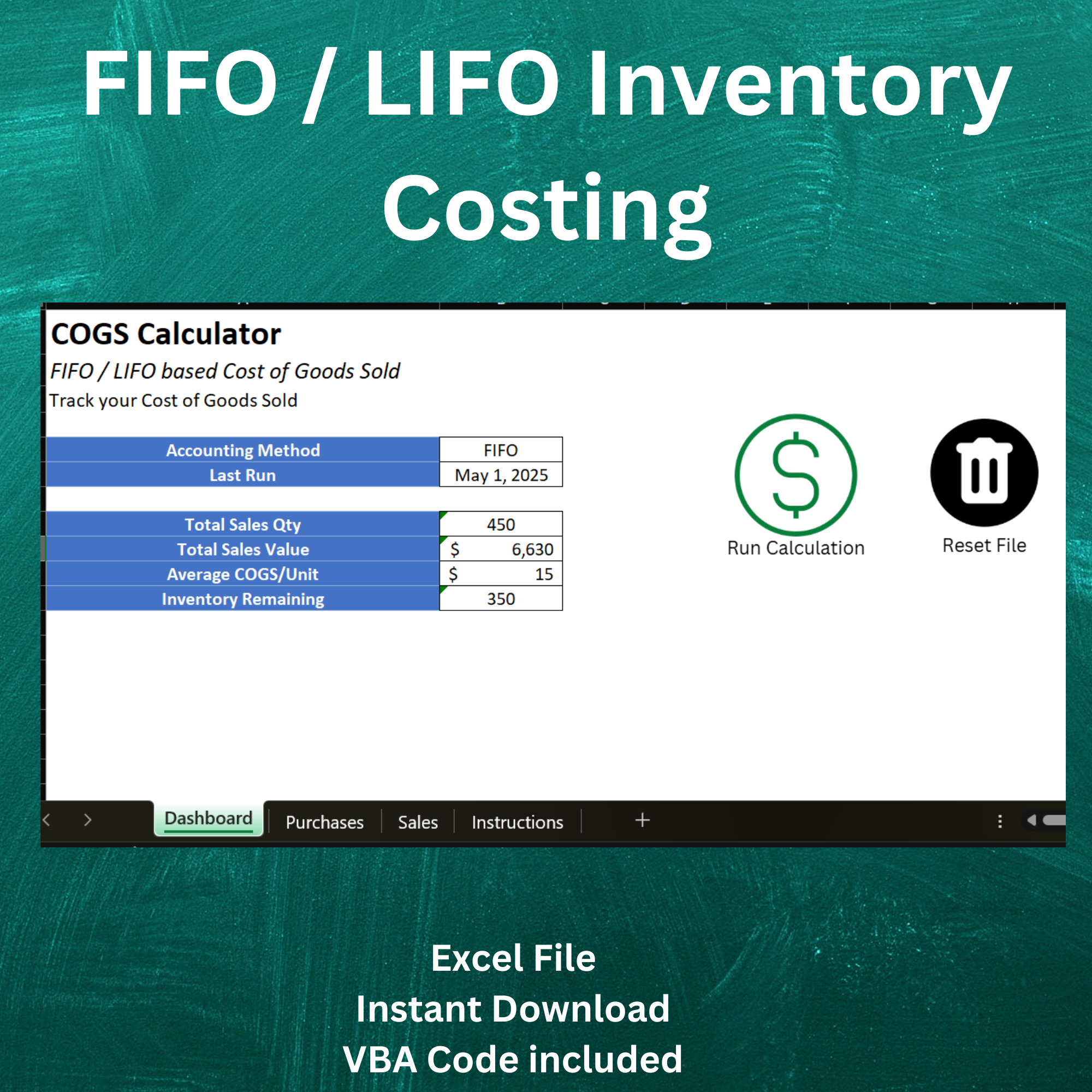 FIFO LIFO COGS calculator dashboard with Run Calculation and Reset buttons