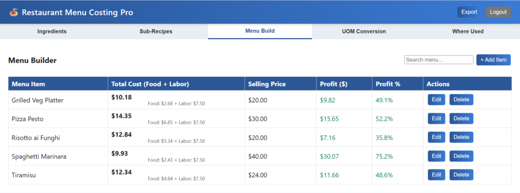 Restaurant Menu Costing Pro menu builder showing food cost, profit, and profit percent per dish